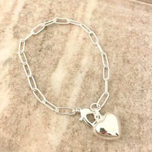 Sterling Silver Heart Pendant Bracelet Paperclip Link Bracelet Modern Bracelet